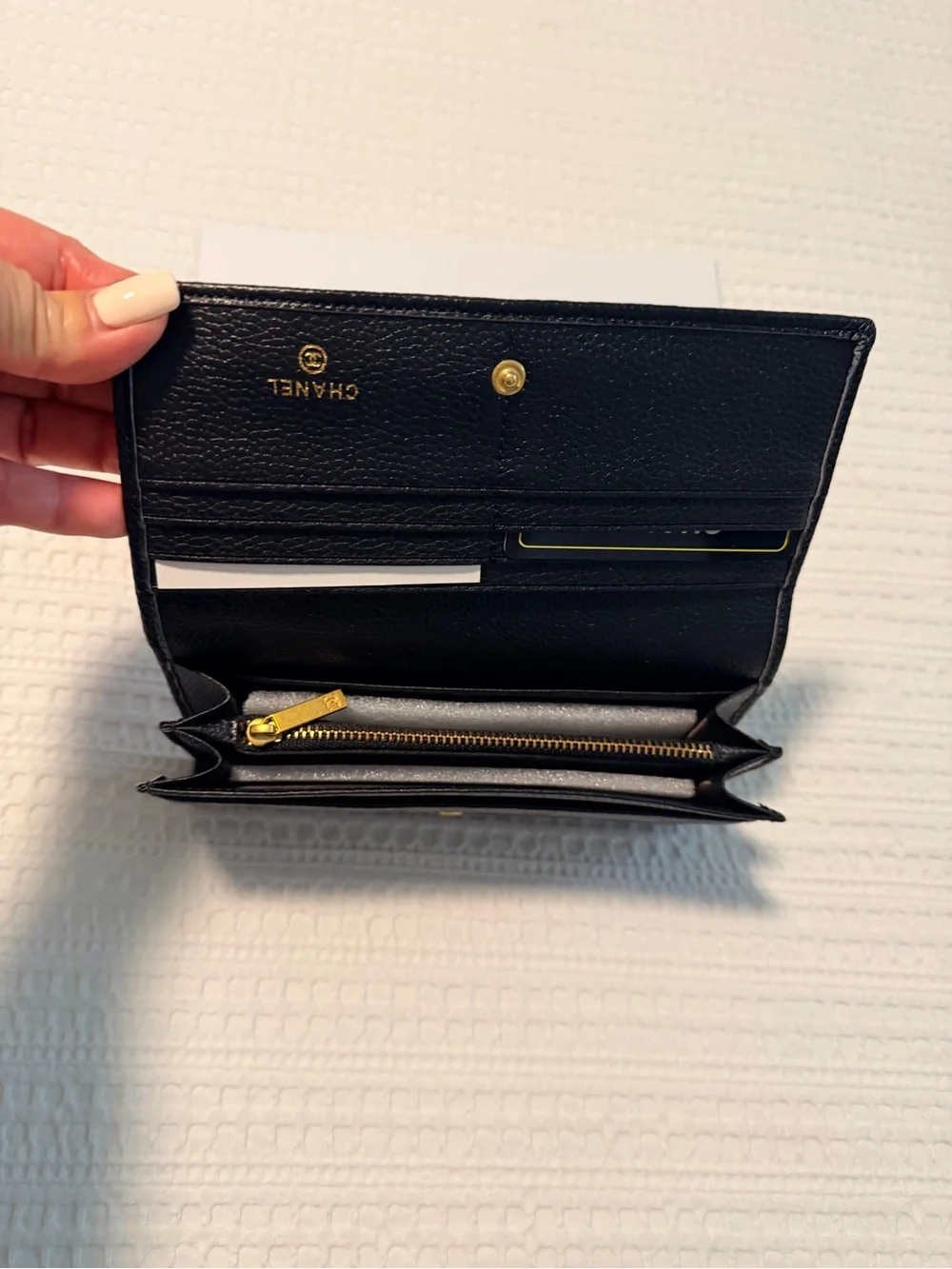 Black Quilted Leather Long Wallet with Gold CC